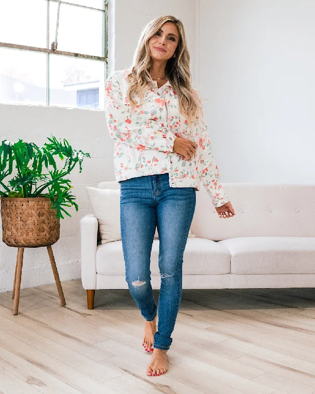 Daniela Ivory Denim Jacket with Coral Floral Print