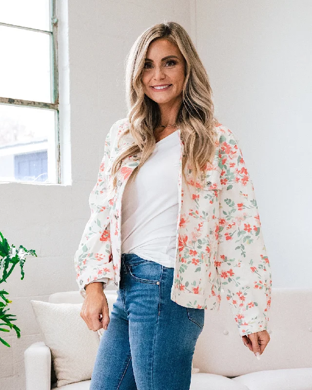 Daniela Ivory Denim Jacket with Coral Floral Print