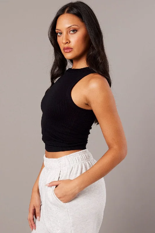 Black Tank Top Crew Neck Seamless