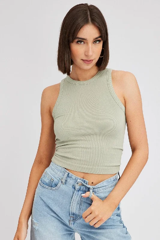 Green Tank Top Crew Neck Seamless