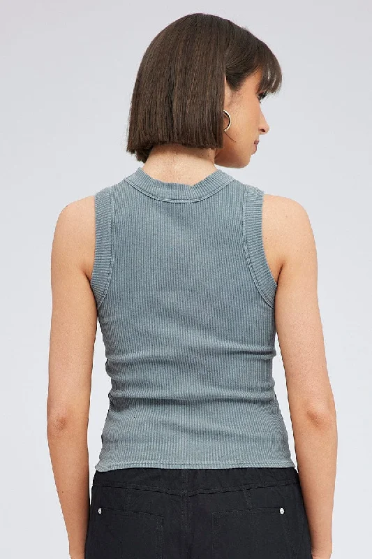 Grey Tank Top Sleeveless Crew Neck Washed