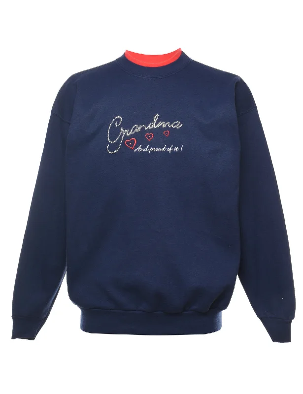 Navy Grandma Design Embellished 1990s Sweatshirt - L