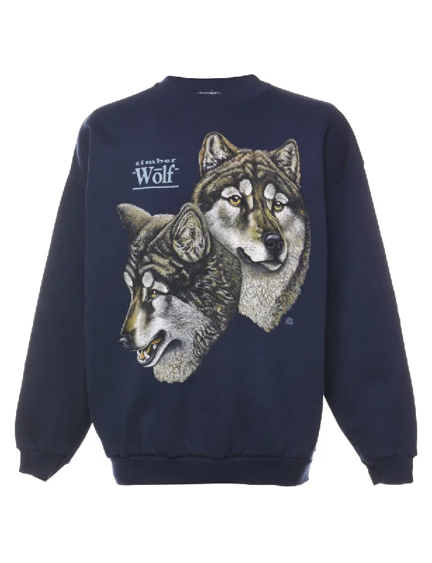 Navy Wolf 1990s Animal Sweatshirt - L