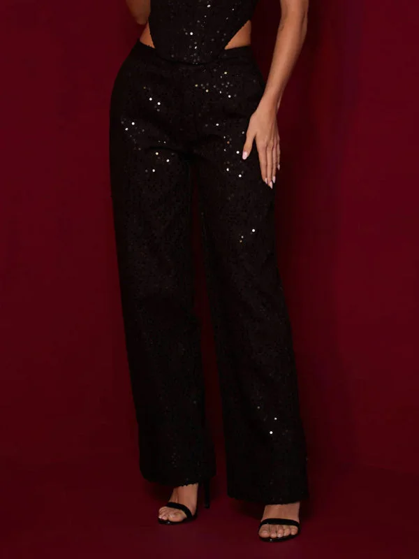 Women's Casual Sequined Denim Straight Pants +