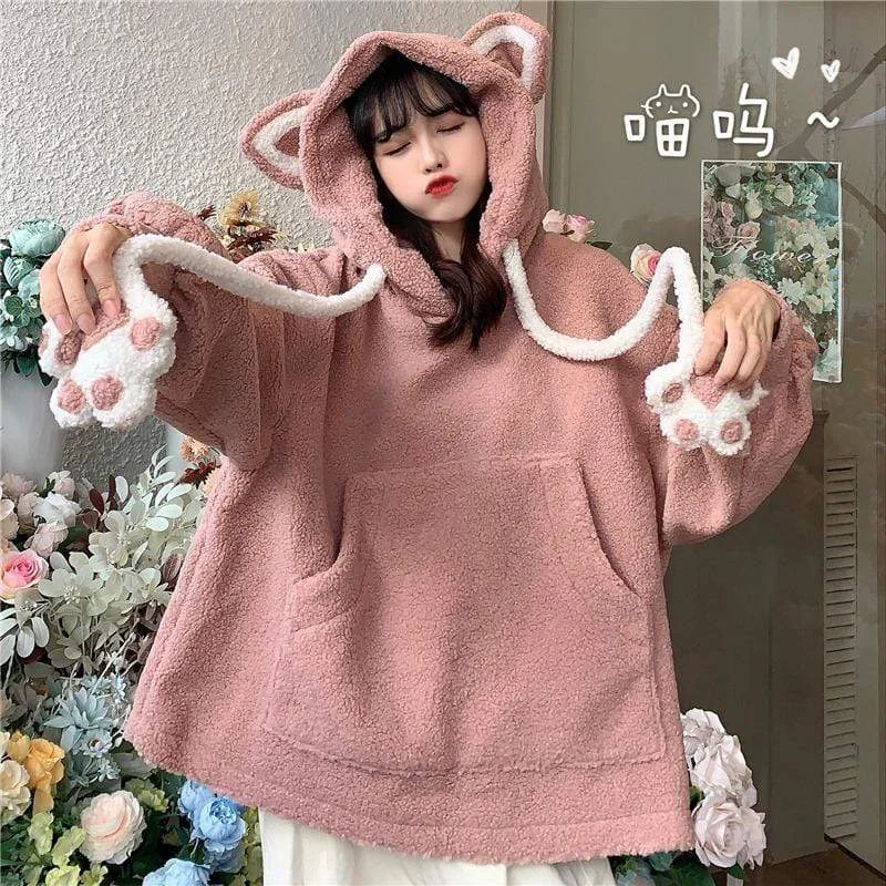 Women's Kawaii Bear's Ears Sherpa Loose Hoodies