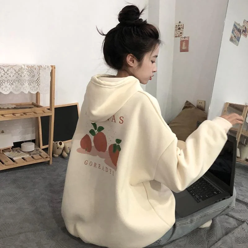 Women's Kawaii Peach Printed Loose Hoodies