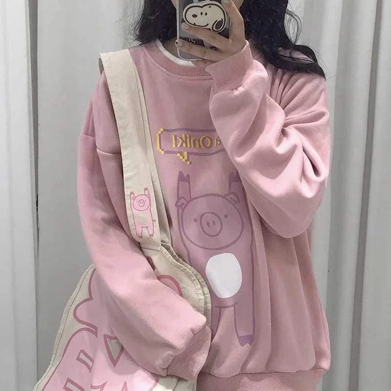 Women's Kawaii Pig Printed Loose Pink Sweatshirt