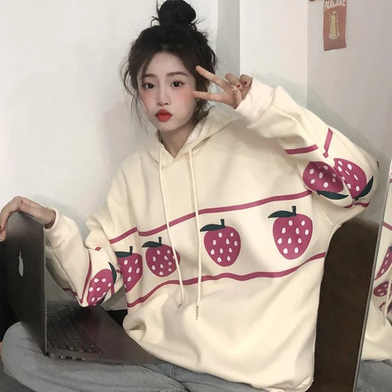 Women's Kawaii Strawberry Printed Loose Hoodies