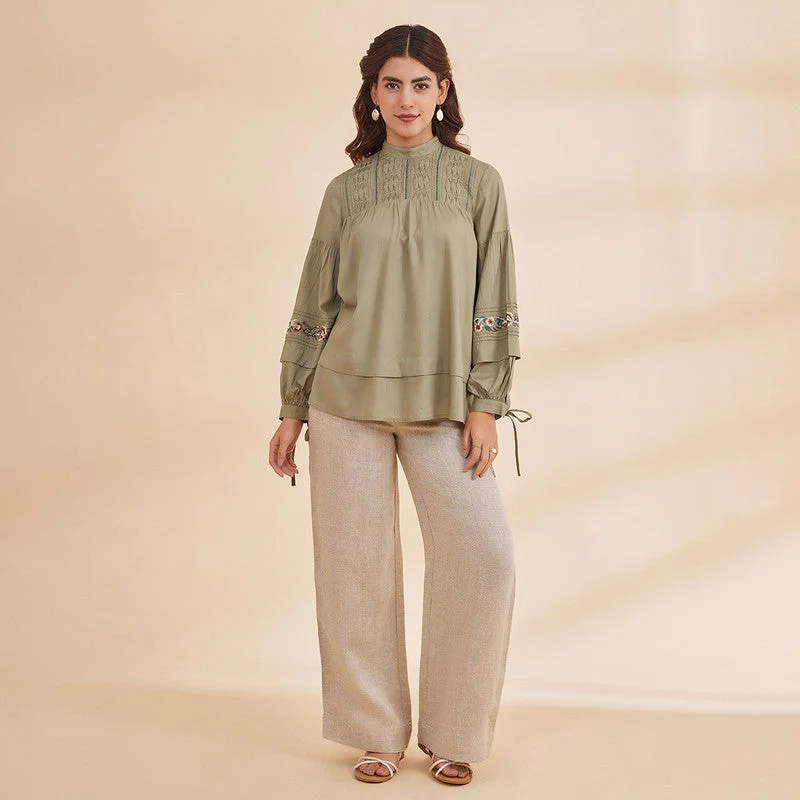 Bamboo Silk Embroidered Top for Women | Sage Green | Full Sleeves