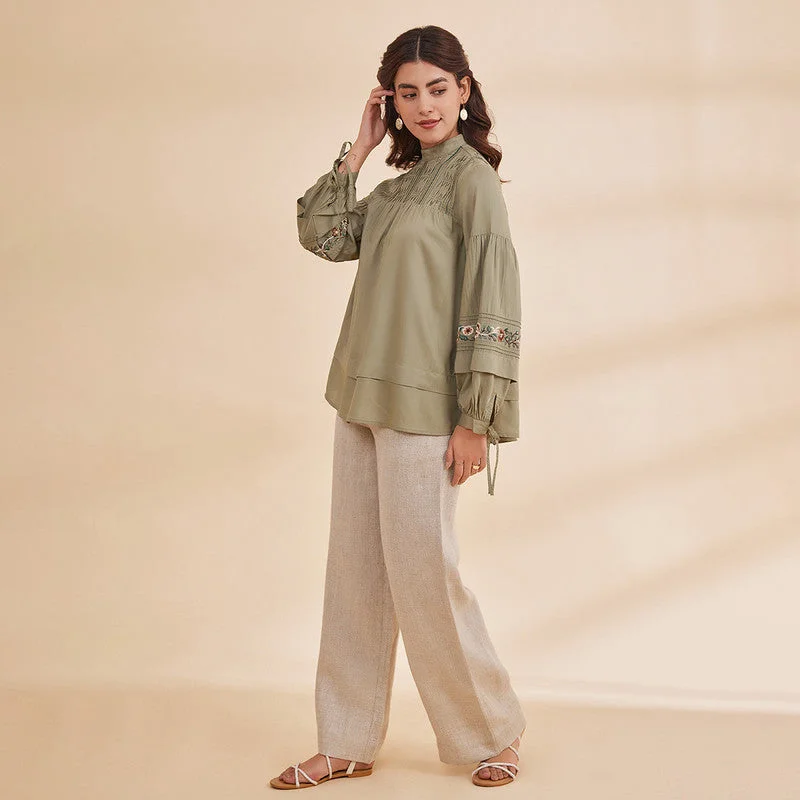 Bamboo Silk Embroidered Top for Women | Sage Green | Full Sleeves