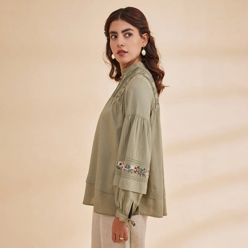 Bamboo Silk Embroidered Top for Women | Sage Green | Full Sleeves