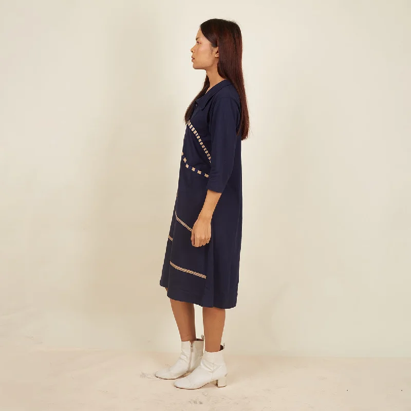 Cotton Straight Dress for Women | Hand block Printed Lines | Navy