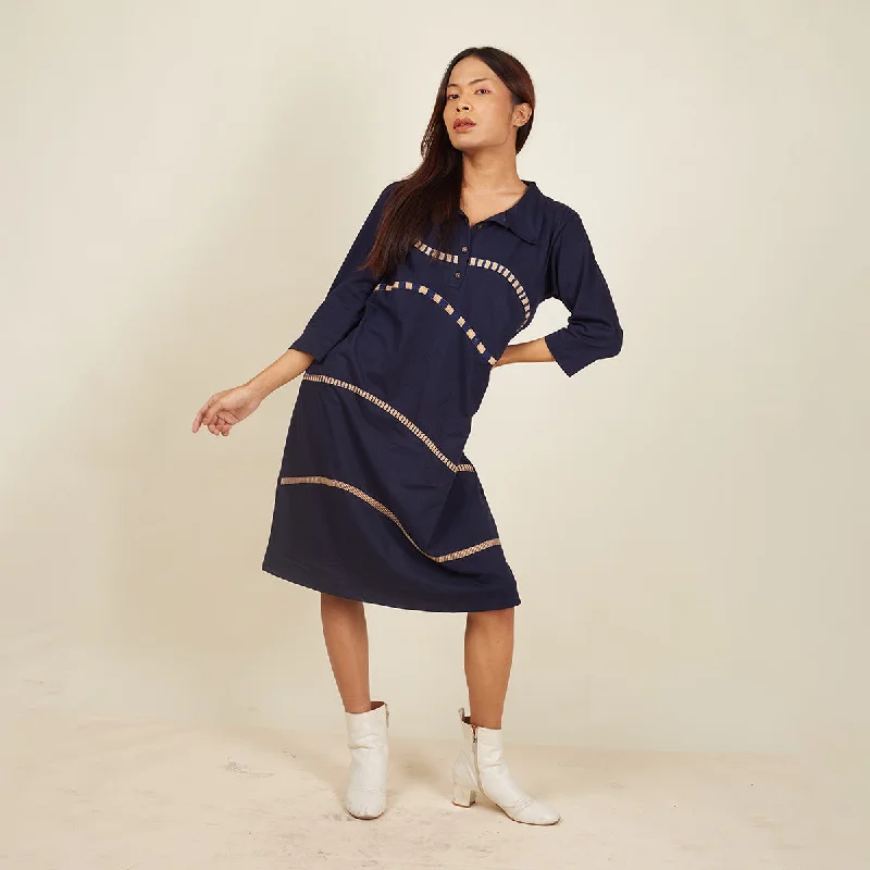 Cotton Straight Dress for Women | Hand block Printed Lines | Navy