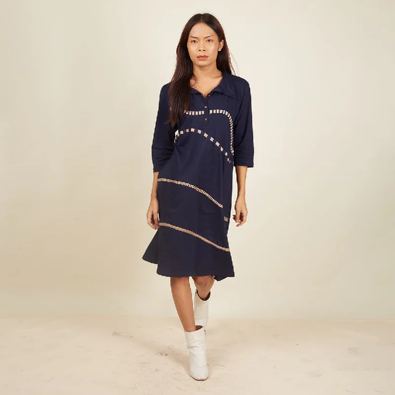 Cotton Straight Dress for Women | Hand block Printed Lines | Navy