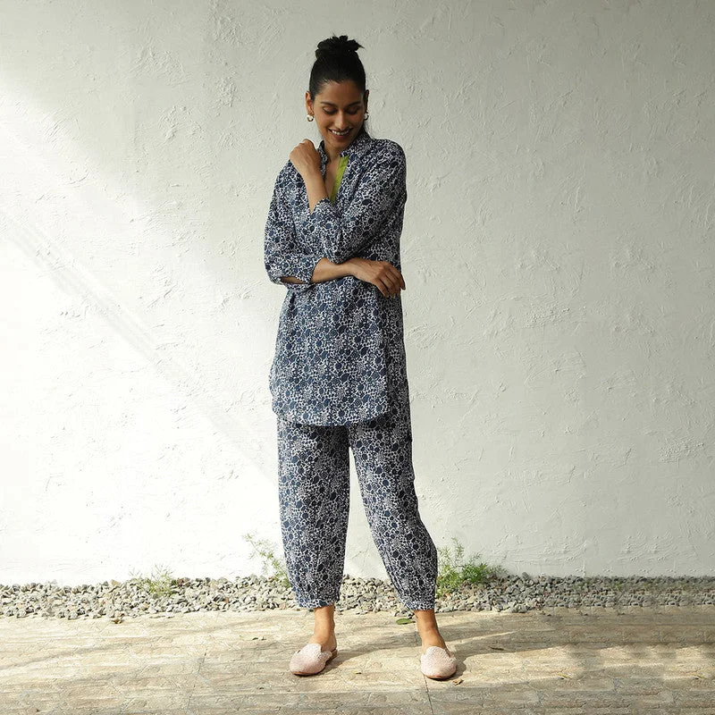 Cotton Block Print Co Ord Set for Women | Blue & White