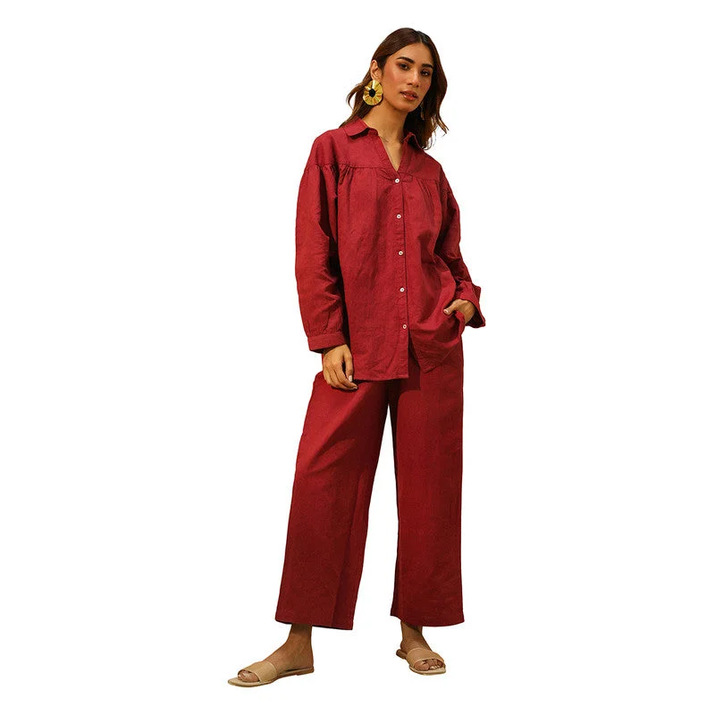 Cotton Linen Oversized Co Ord Set | Maroon