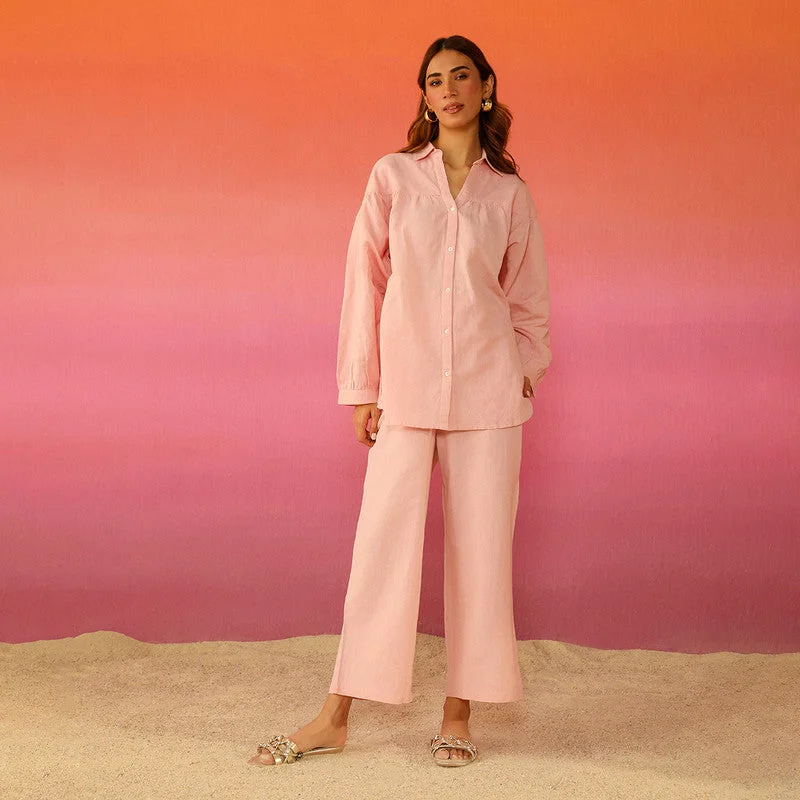 Cotton Linen Pink Co Ord Set | Full Sleeves