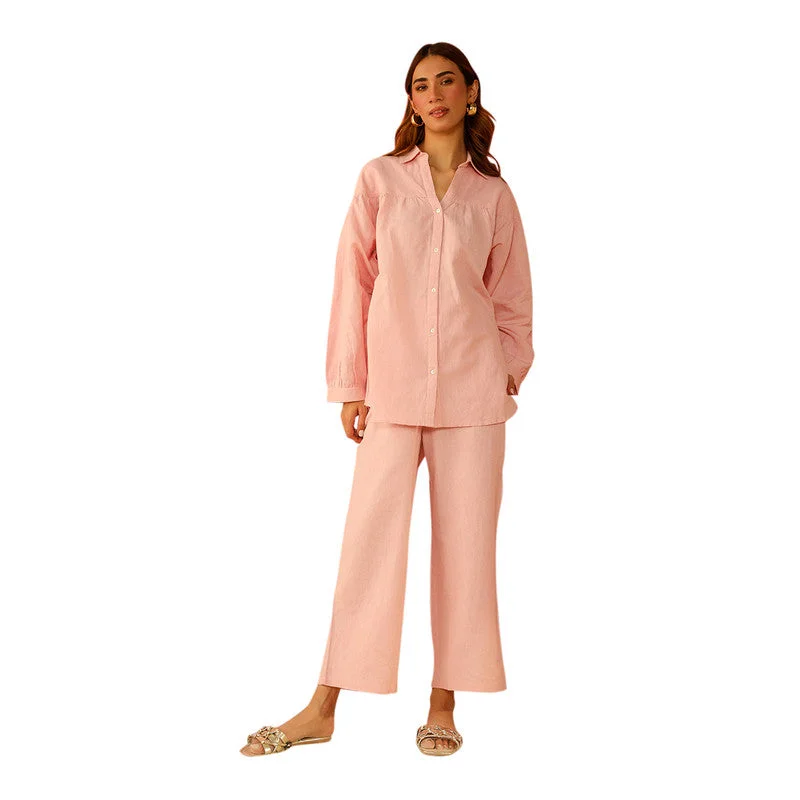 Cotton Linen Pink Co Ord Set | Full Sleeves