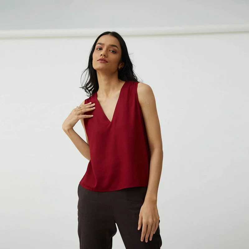 Cotton Tencel V-Neck Top | Maroon