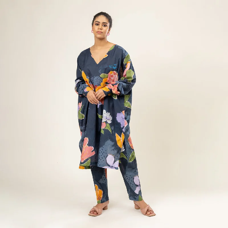 Upcycled Cotton Kaftan Set for Women | Full-Sleeves | Blue