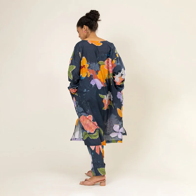 Upcycled Cotton Kaftan Set for Women | Full-Sleeves | Blue