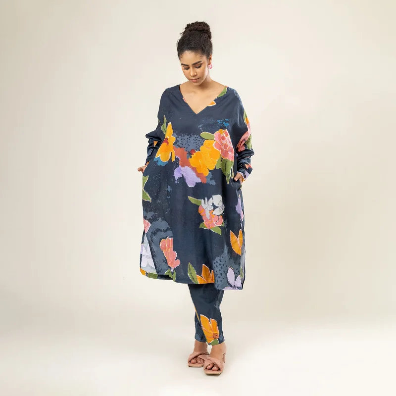 Upcycled Cotton Kaftan Set for Women | Full-Sleeves | Blue