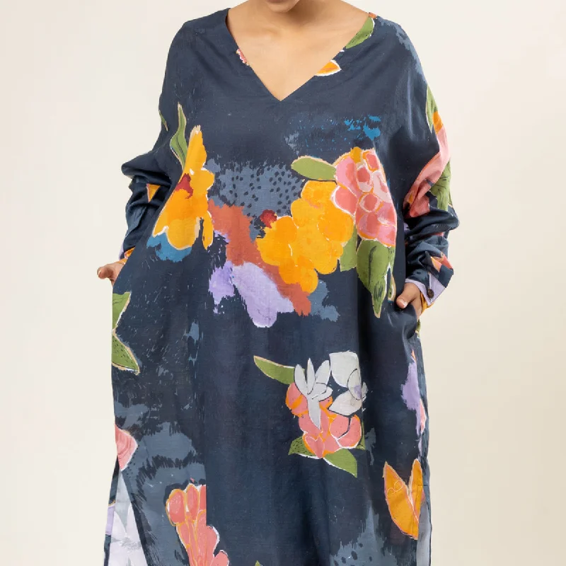 Upcycled Cotton Kaftan Set for Women | Full-Sleeves | Blue