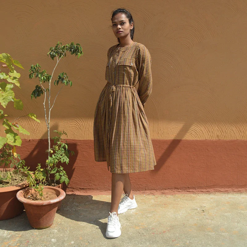 Handloom Cotton Dress | Checkered | Brown