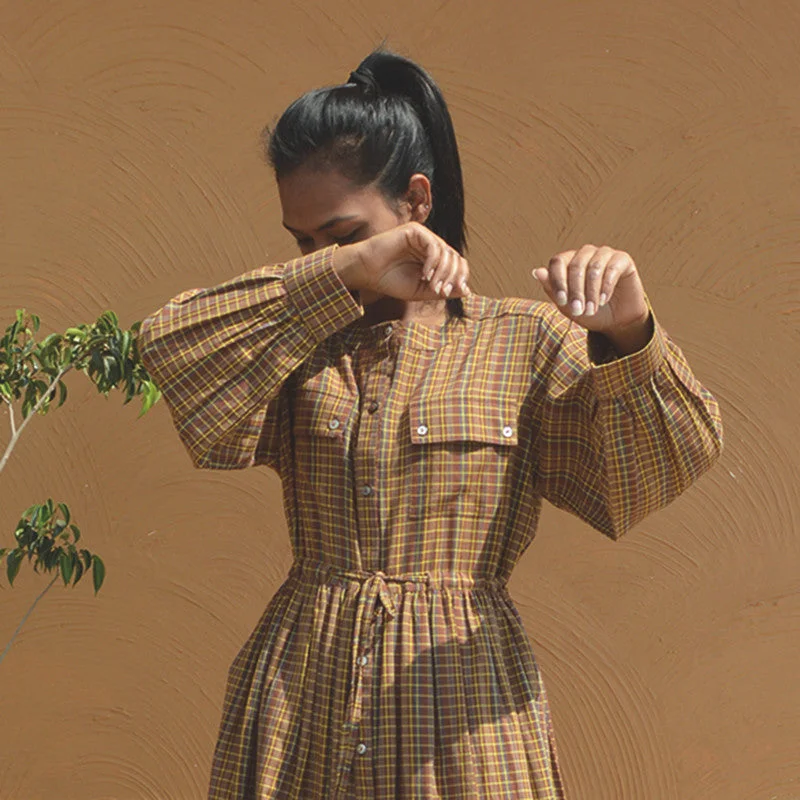 Handloom Cotton Dress | Checkered | Brown