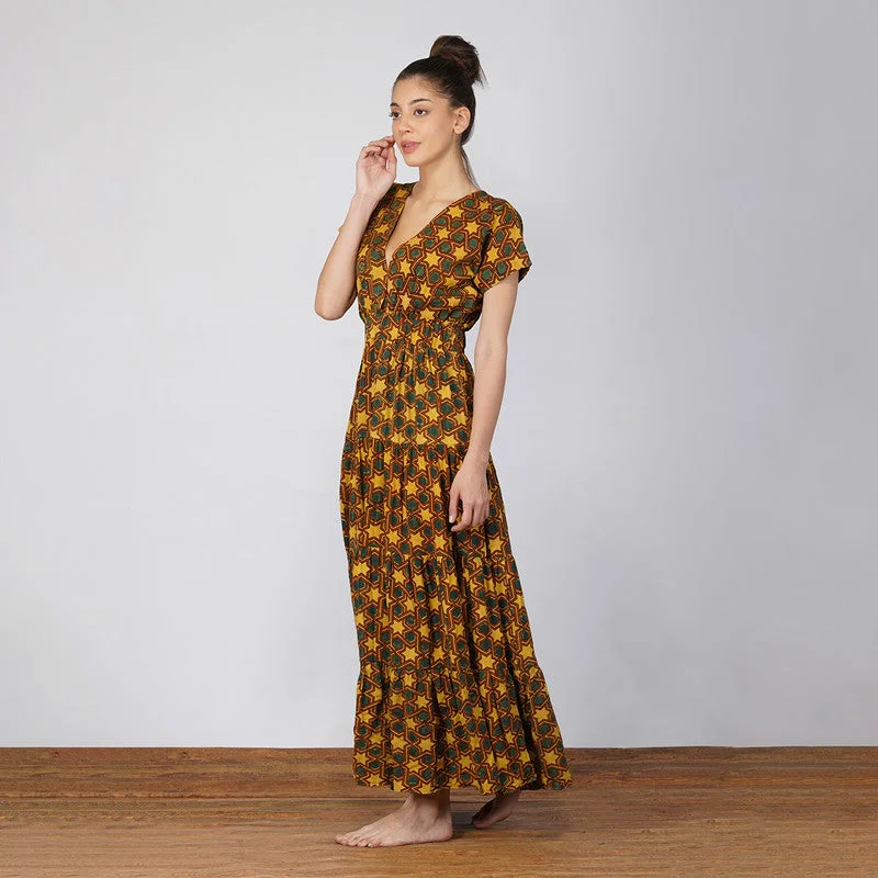 Bamboo Ajarkh Print Dress | Blue & Yellow