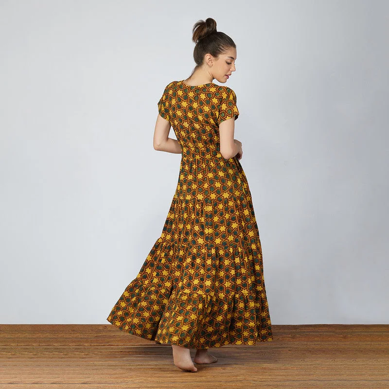 Bamboo Ajarkh Print Dress | Blue & Yellow