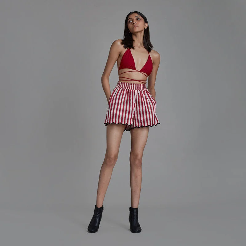 Pure Cotton Co Ord Set | Bralette & Shorts | Hand Block Printed | Red Stripe