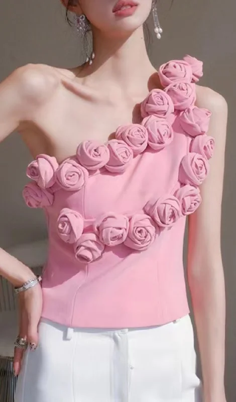 PINK ONE SHOULDER TOP WITH ROSES