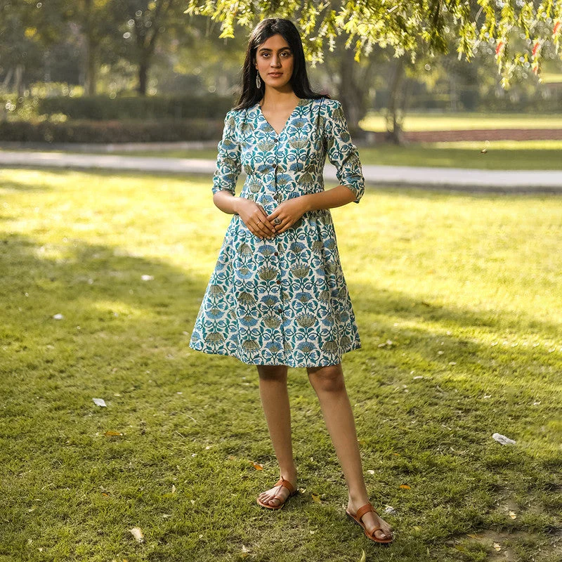 Cotton Handblock Printed Dress | Green | Azo-Free Dyed