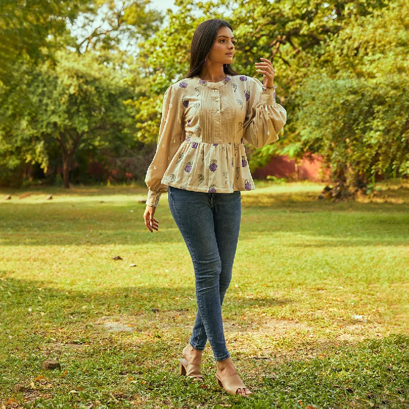 Cotton Peplum Top for Women | Printed | Beige & Lavender