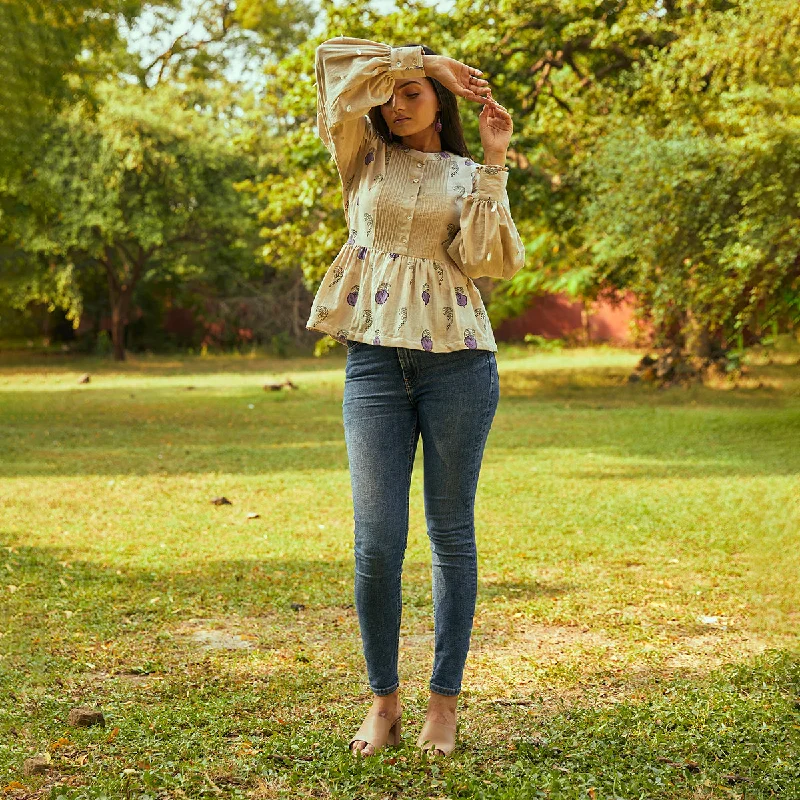 Cotton Peplum Top for Women | Printed | Beige & Lavender