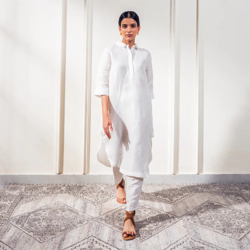 Linen Co-Ord Set for Women | Dragonflies Embroidery | Collared Neck | White