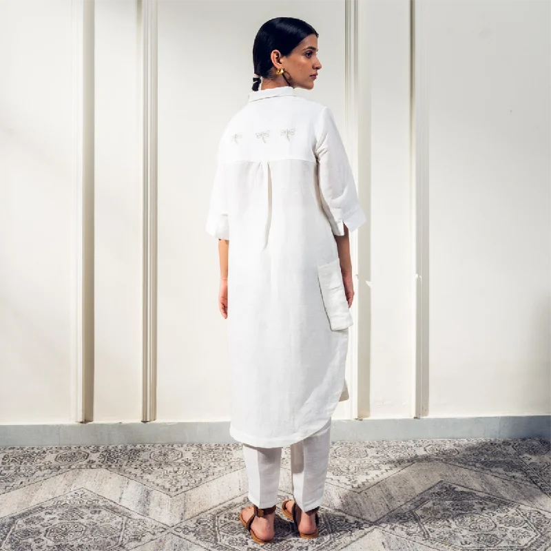 Linen Co-Ord Set for Women | Dragonflies Embroidery | Collared Neck | White