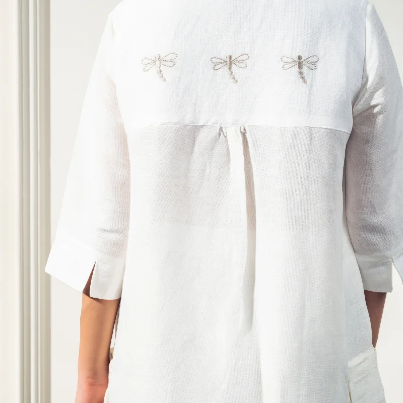 Linen Co-Ord Set for Women | Dragonflies Embroidery | Collared Neck | White