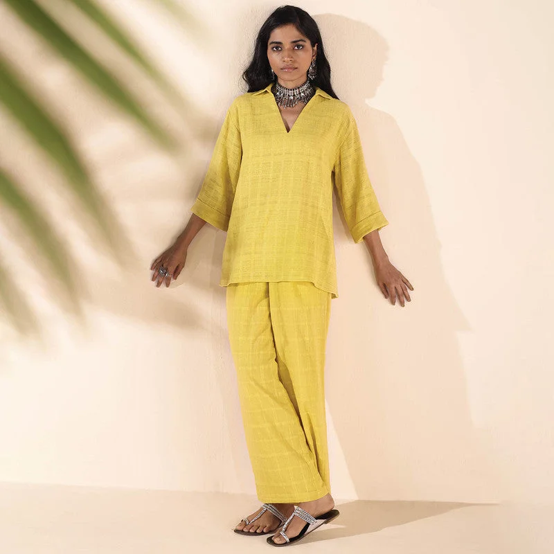 Cotton Dobby Co Ord Set for Women | Lime | V-Neck