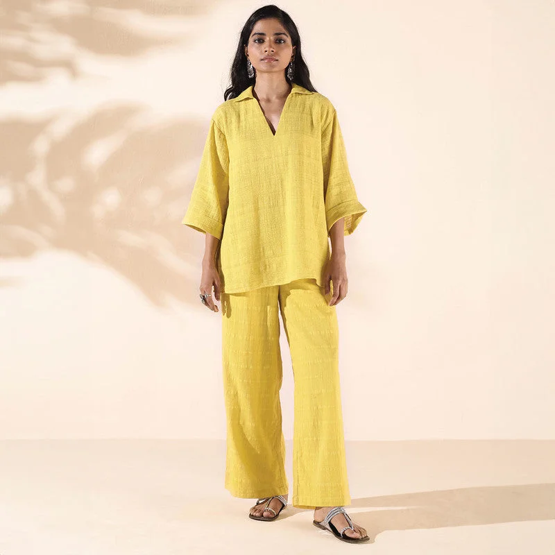 Cotton Dobby Co Ord Set for Women | Lime | V-Neck