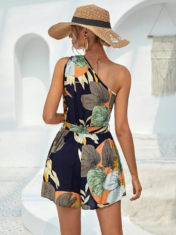 Tropical Print One Shoulder Knot Detail Belted Romper