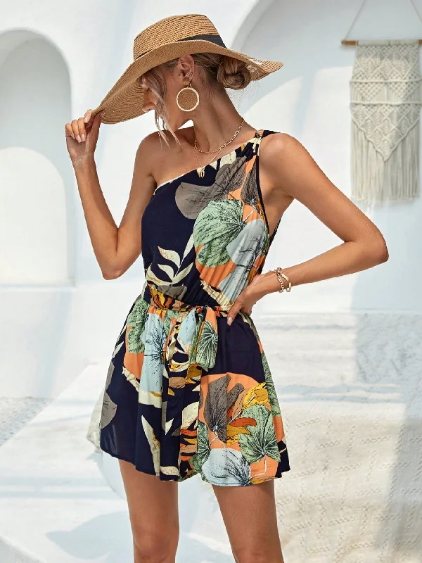 Tropical Print One Shoulder Knot Detail Belted Romper