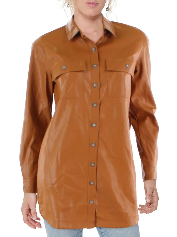 Womens Faux Leather Long Sleeves Shirt Jacket