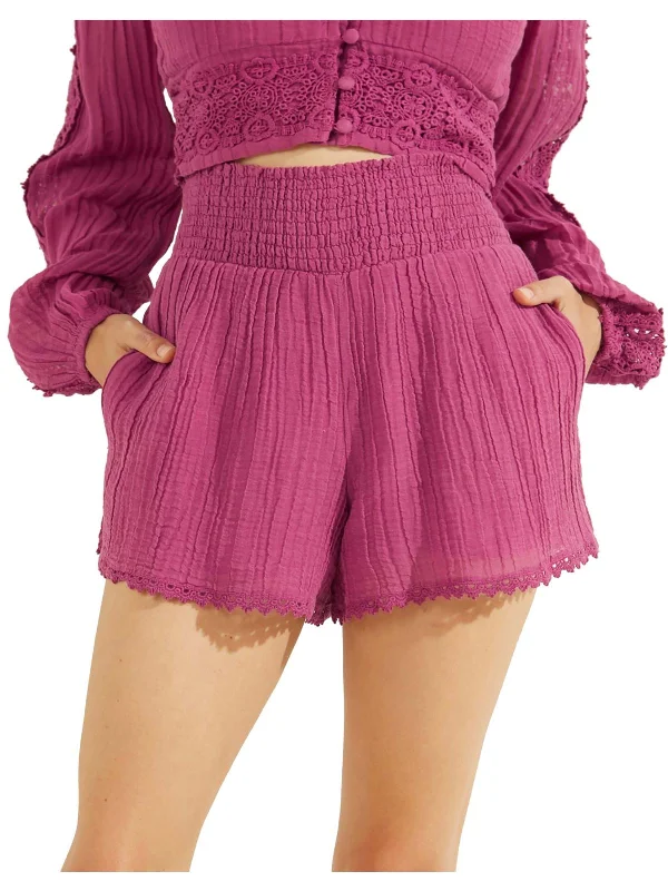 Abigail Womens Smocked Crochet Trim High-Waist Shorts