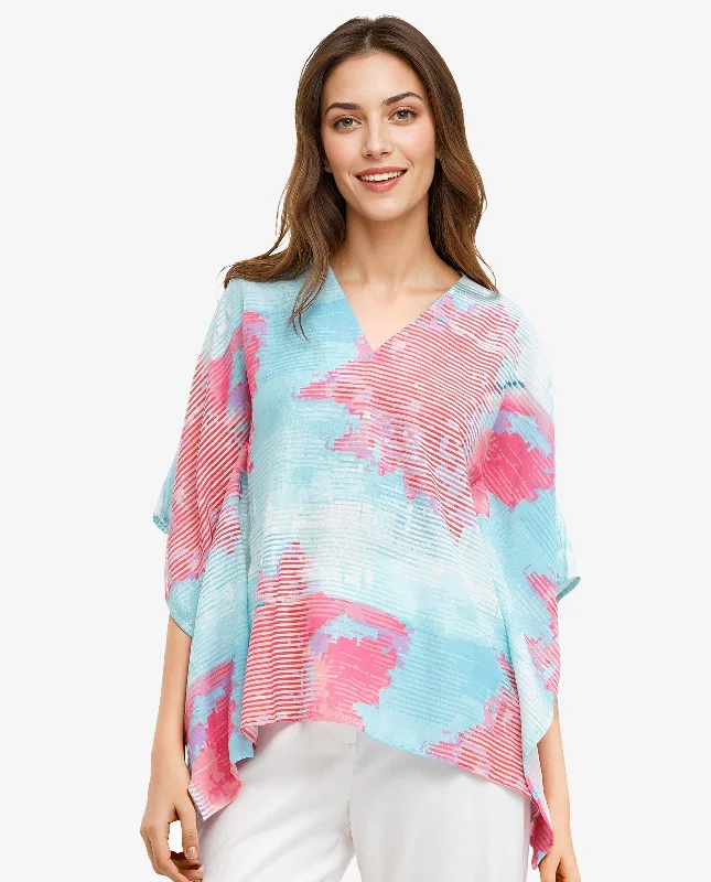 Rareism Women'S Arial Light Blue Linen Abstract Print V-Neck Top