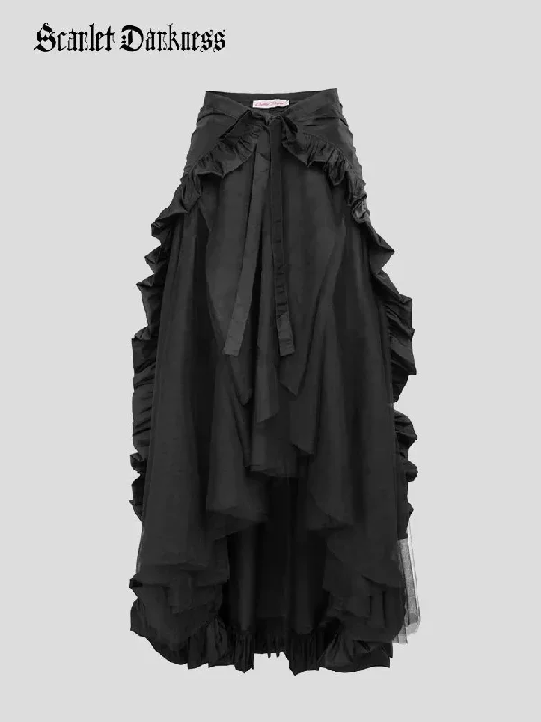 Gothic Victorian Lolita Punk Ruffled Long Lace-up Open Skirt