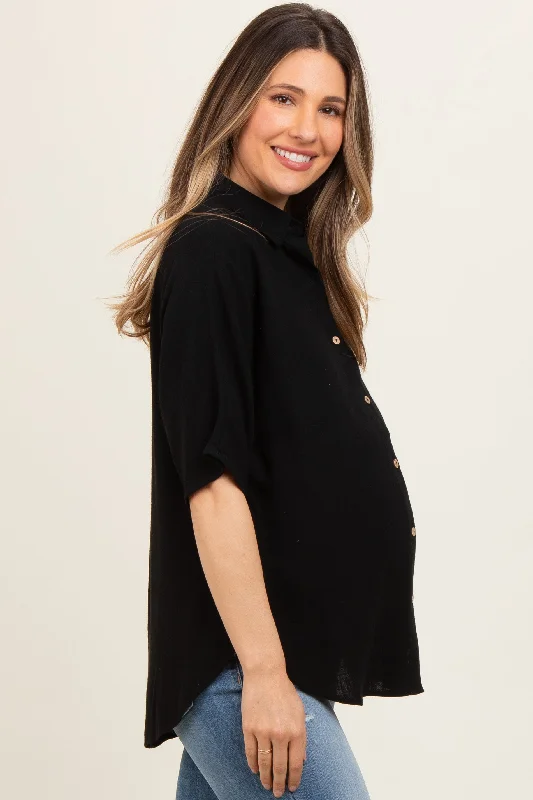 black-linen-dolman-half-sleeve-button-down-maternity-top