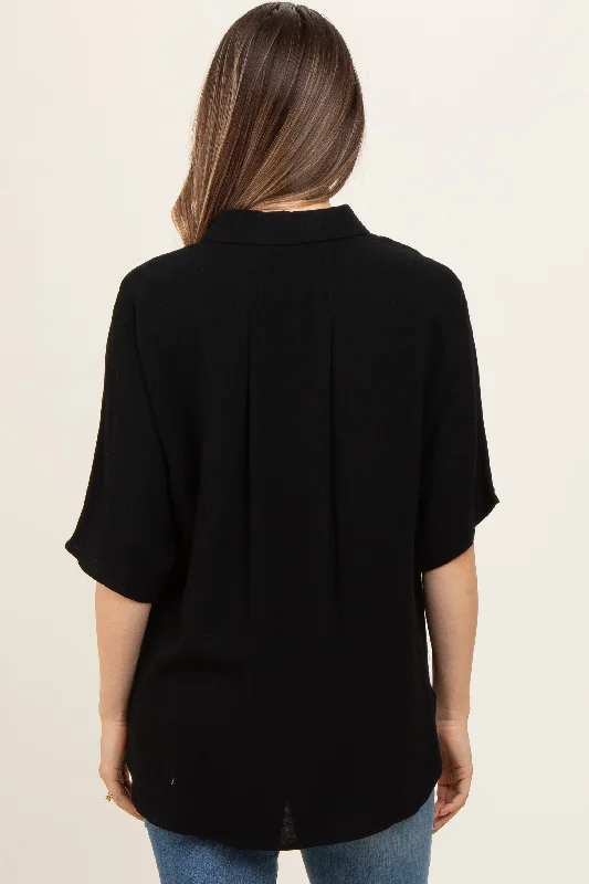 black-linen-dolman-half-sleeve-button-down-maternity-top