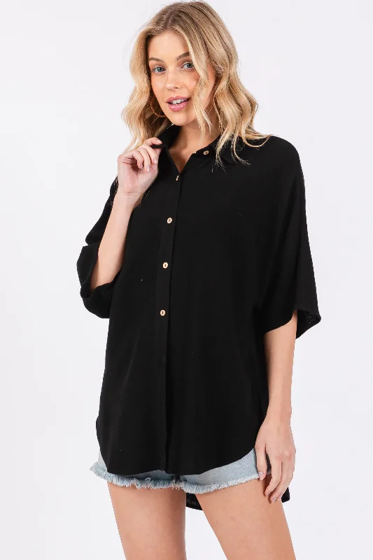 black-linen-dolman-half-sleeve-button-down-maternity-top